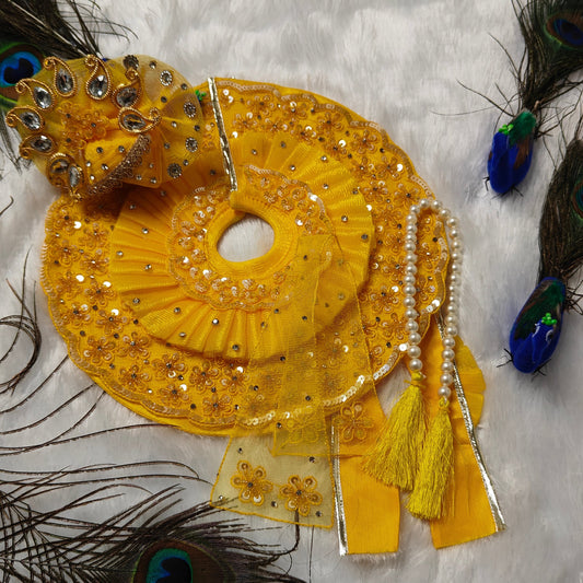 Golden Yellow Mirror Work Laddu Gopal Dress | Embroidered Poshak with Designer Pagdi & Pearl Mala