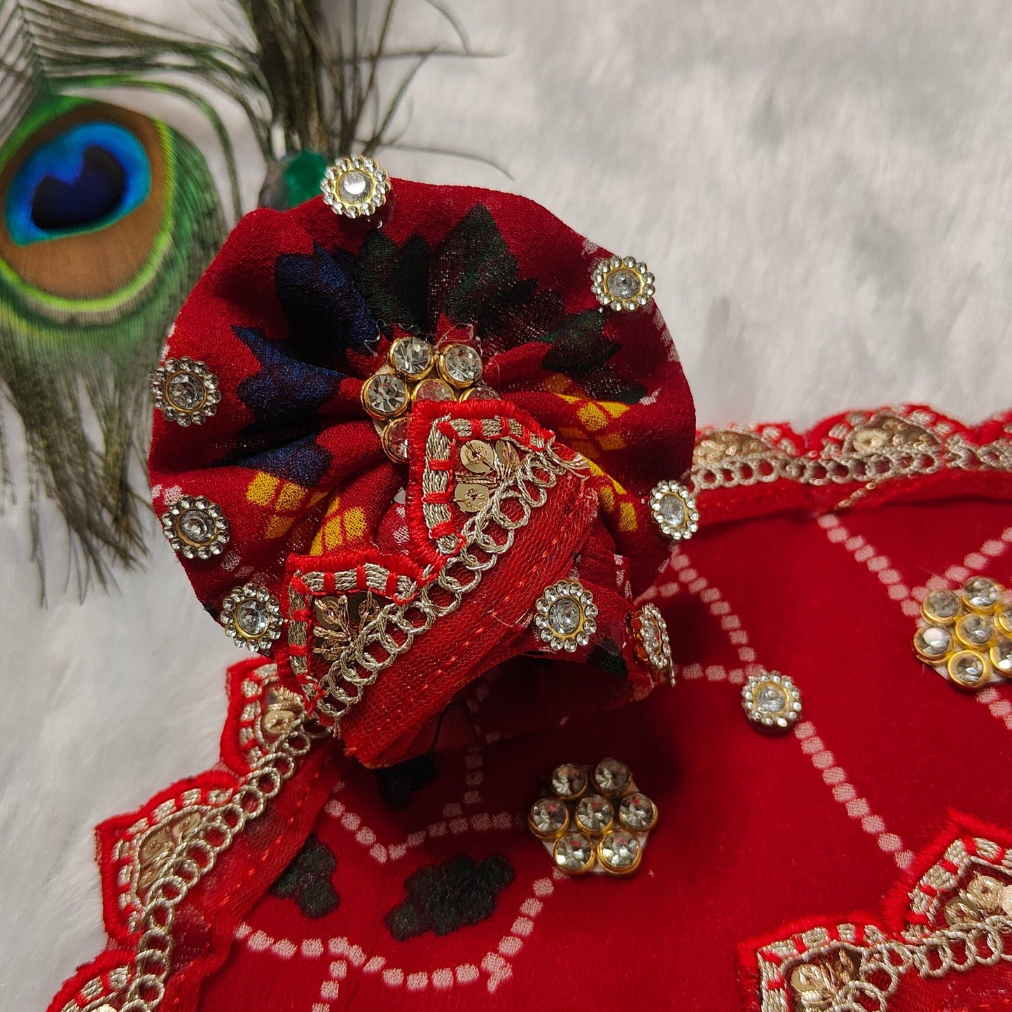 Traditional Red Bandhani Laddu Gopal Dress | Ethnic Poshak with Kundan Highlights & Matching Mukut