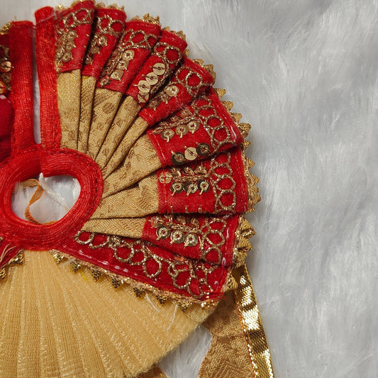 Golden & Red Designer Laddu Gopal Dress with Sequins Work | Elegant Bal Gopal Poshak Set with Pagdi for Janmashtami