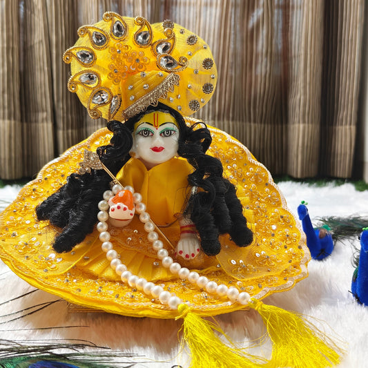 Golden Yellow Mirror Work Laddu Gopal Dress | Embroidered Poshak with Designer Pagdi & Pearl Mala