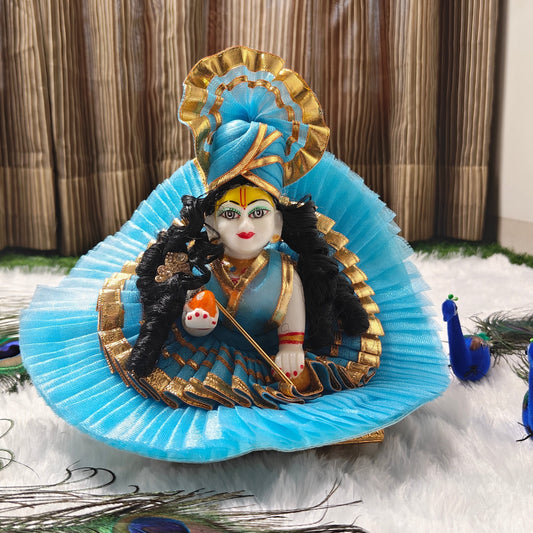 Sky Blue & Golden Designer Laddu Gopal Dress | Pleated Net Poshak with Royal Pagdi