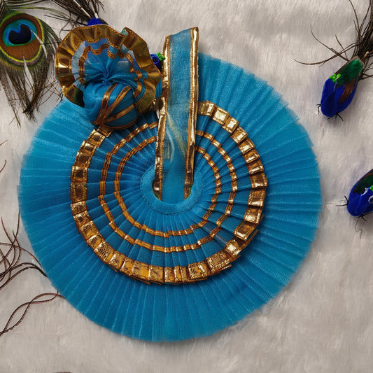 Sky Blue & Golden Designer Laddu Gopal Dress | Pleated Net Poshak with Royal Pagdi