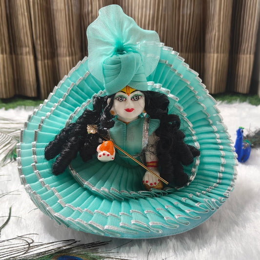 Elegant Mint Green Laddu Gopal Dress with Silver Border | Premium Net Poshak & Pagdi Set