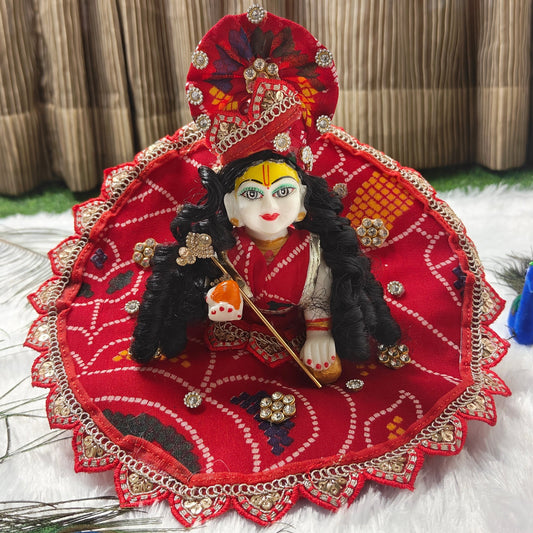 Traditional Red Bandhani Laddu Gopal Dress | Ethnic Poshak with Kundan Highlights & Matching Mukut