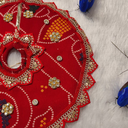 Traditional Red Bandhani Laddu Gopal Dress | Ethnic Poshak with Kundan Highlights & Matching Mukut