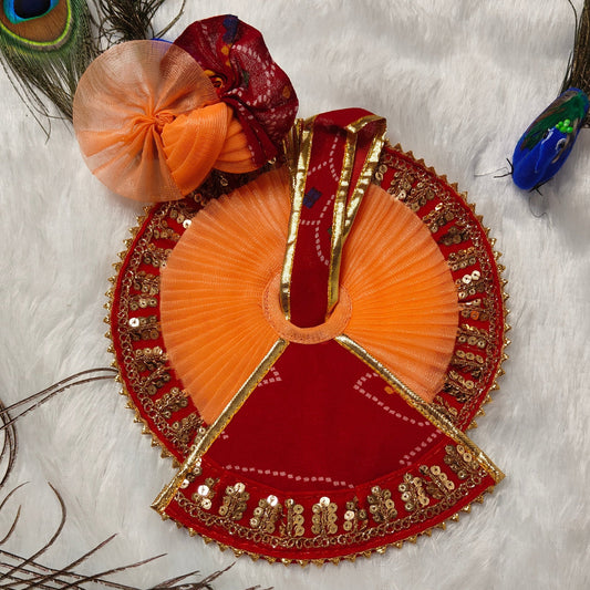 Traditional Red & Orange Laddu Gopal Dress Set with Pagdi | Bal Gopal Poshak with Sequin Work | Krishna Ji Vastra for Janmashtami & Daily Puja