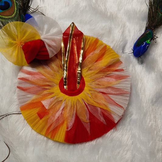 Sunburst Multicolor Laddu Gopal Dress | Red-Yellow-White Net Poshak with Golden Border & Matching Pagdi