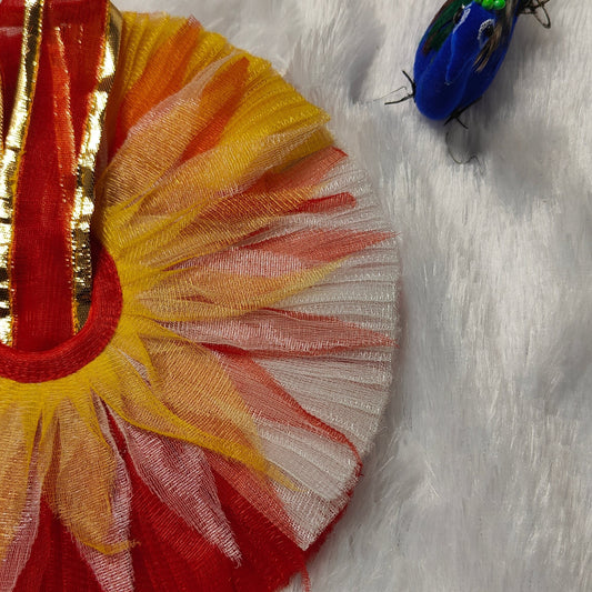 Sunburst Multicolor Laddu Gopal Dress | Red-Yellow-White Net Poshak with Golden Border & Matching Pagdi