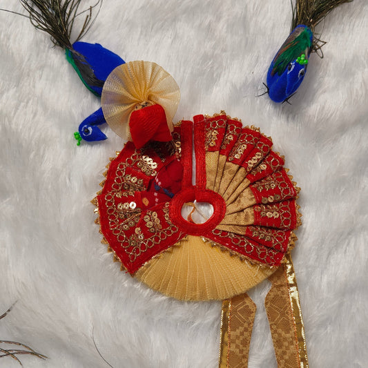 Golden & Red Designer Laddu Gopal Dress with Sequins Work | Elegant Bal Gopal Poshak Set with Pagdi for Janmashtami